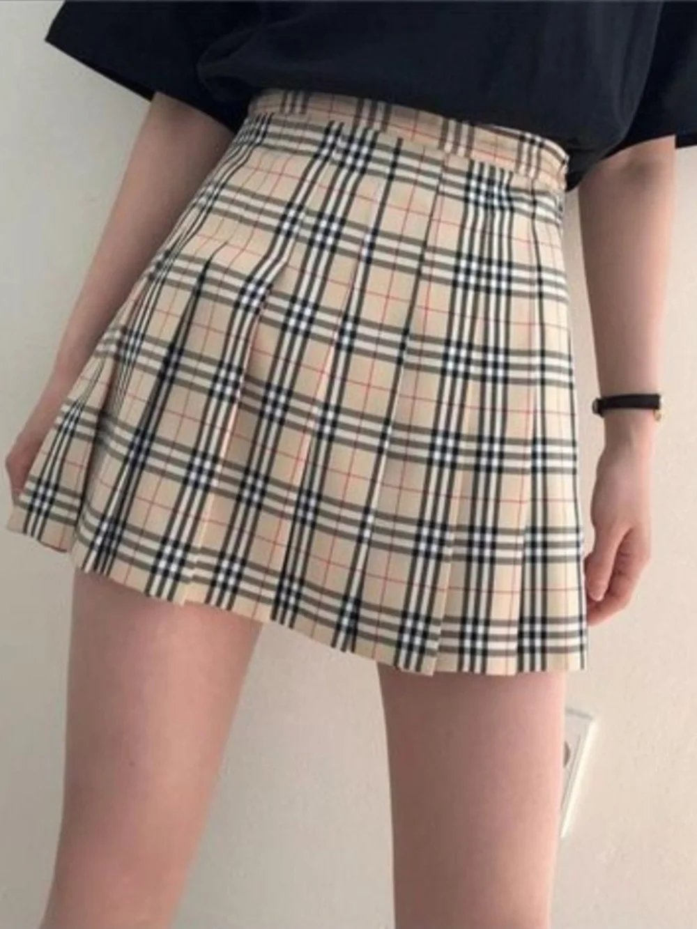 Studio Beige Plaid Pleated Mini Skirt